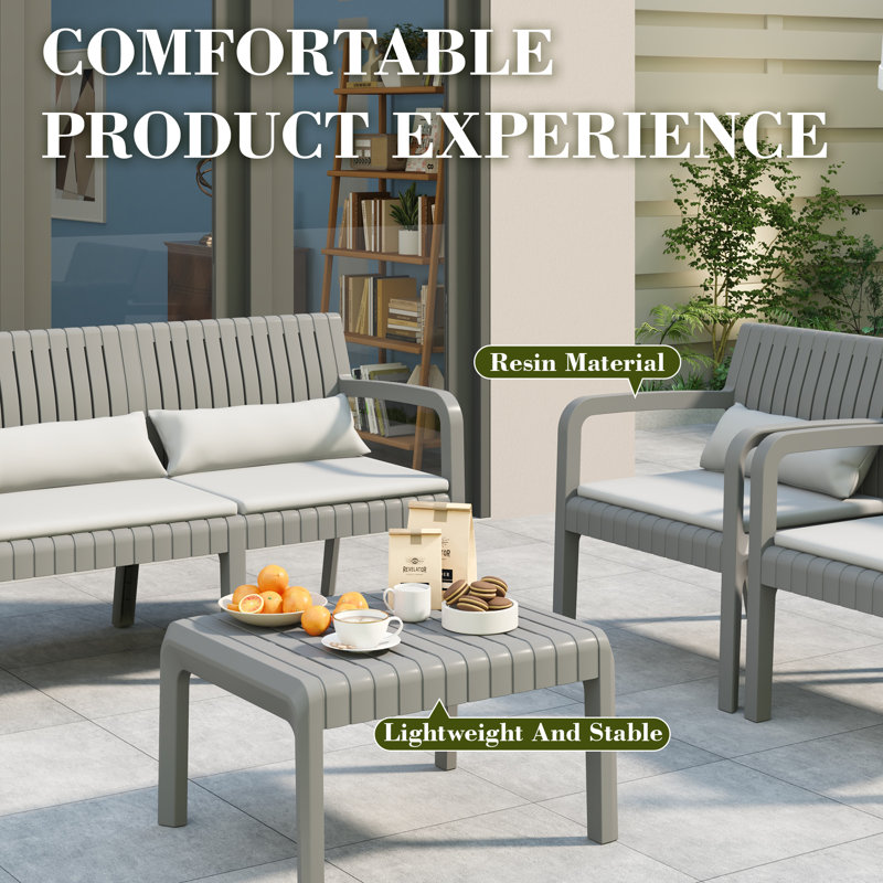 Ensemble de conversation d'extérieur 4 personnes avec coussins et table basse, Gris