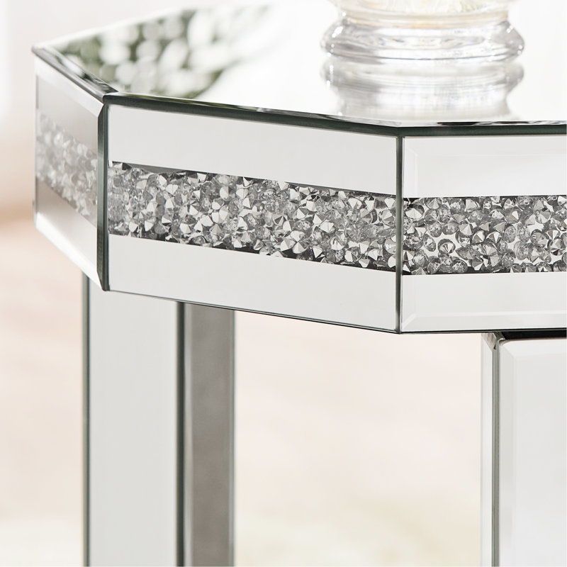 Table d'appoint en miroir à 2 octogones avec incrustation de cristaux, pour le salon, la chambre à coucher, les petits espaces, l 13,8 po x P 13,8 po x H 21 po, facile d'entretien, cristaux de construction stables, accent argenté, + verre