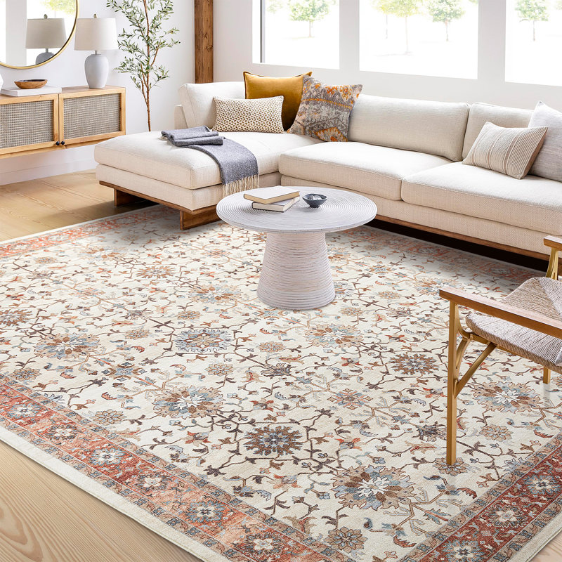 Demarquis Machine Woven Polyester Oriental Ivory/ Red Area Rug, Rectangle 5' x 8'