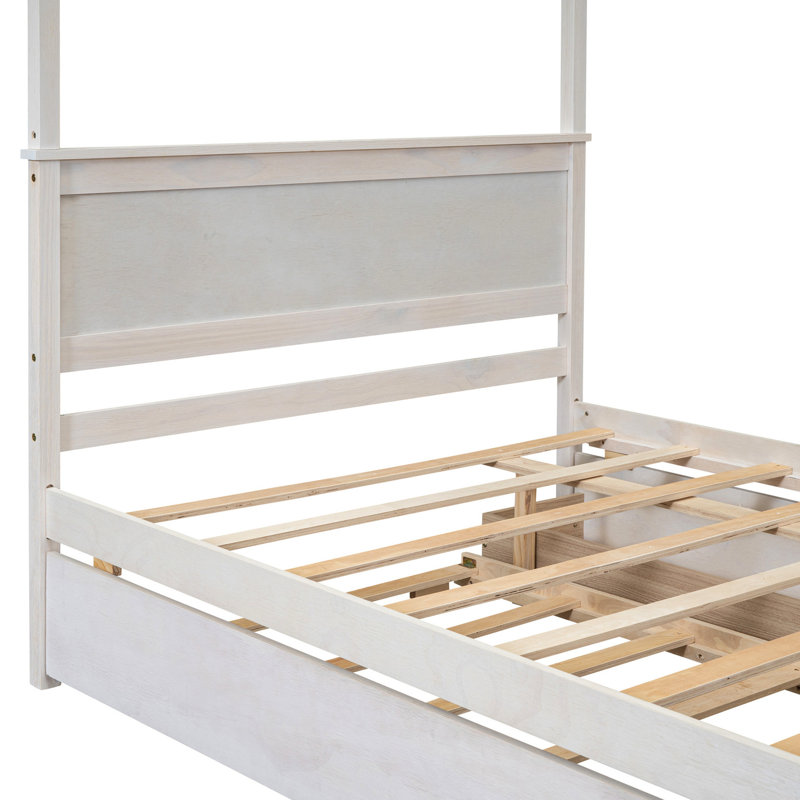 Solid Wood Canopy Platform Bed With Trundle And Drawer Space Modern Design Efficient Storage