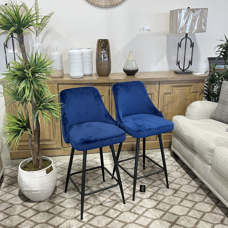 Courtdale Upholstered Counter Stool, Velvet-Blue, Black