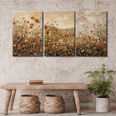 «Neutral Vintage Wildflower Meadow Landscape», ensemble de 3 impressions sur toiles tendues avec châssis de qualité supérieure