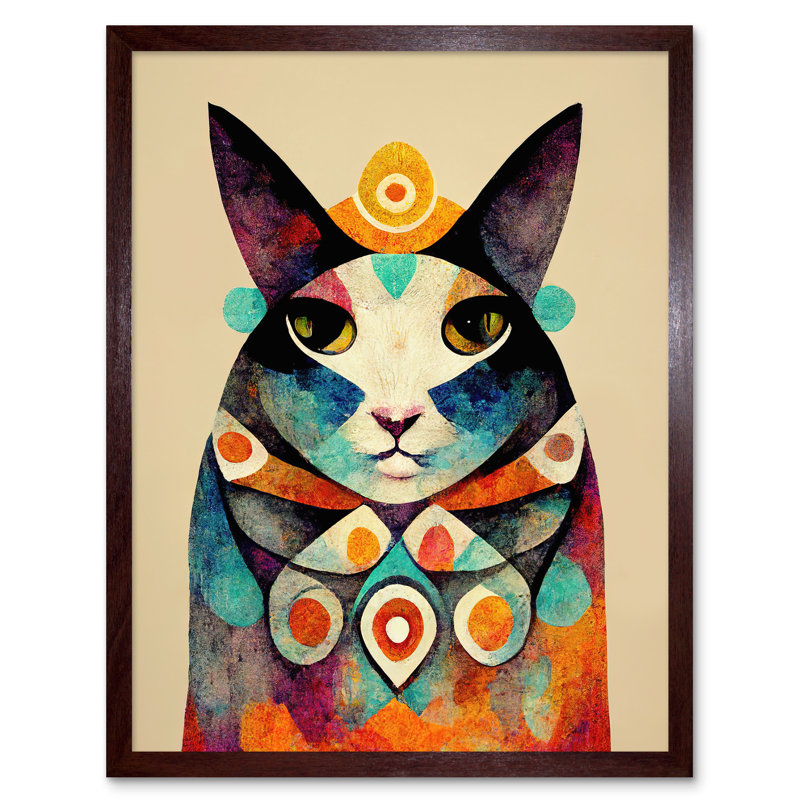 Boho Abstract Modern Shaman Guru Cat - Painting, 43cm H x 33cm W, Brown Framed Paper