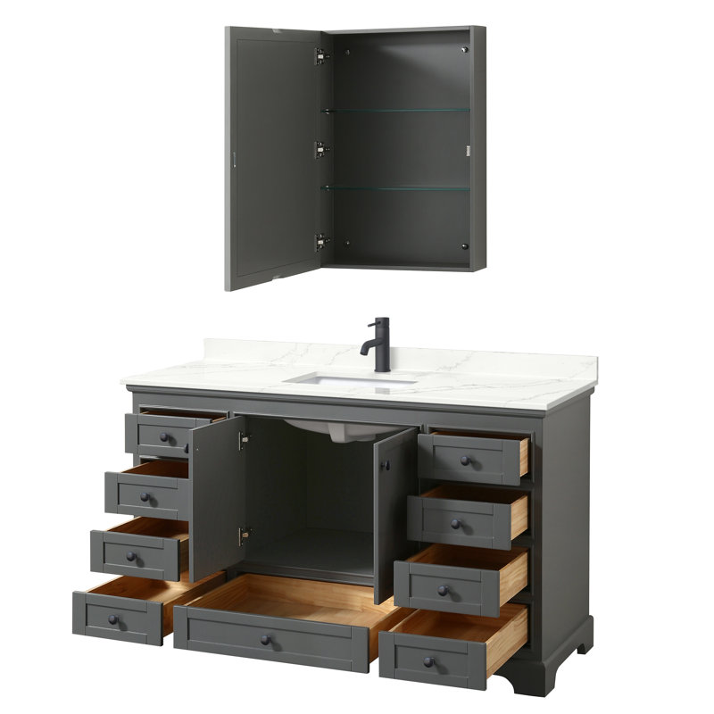 Ensemble de meuble-lavabo simple 60 po avec comptoir en quartz Deborah, Quartz Giotto, Gris foncé, Noir mat