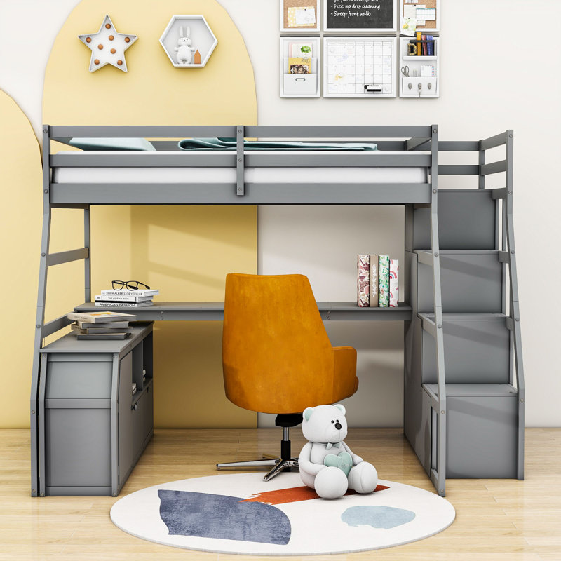7 Drawers Wood Full Loft Bed With Shelves And Desk, Gray
