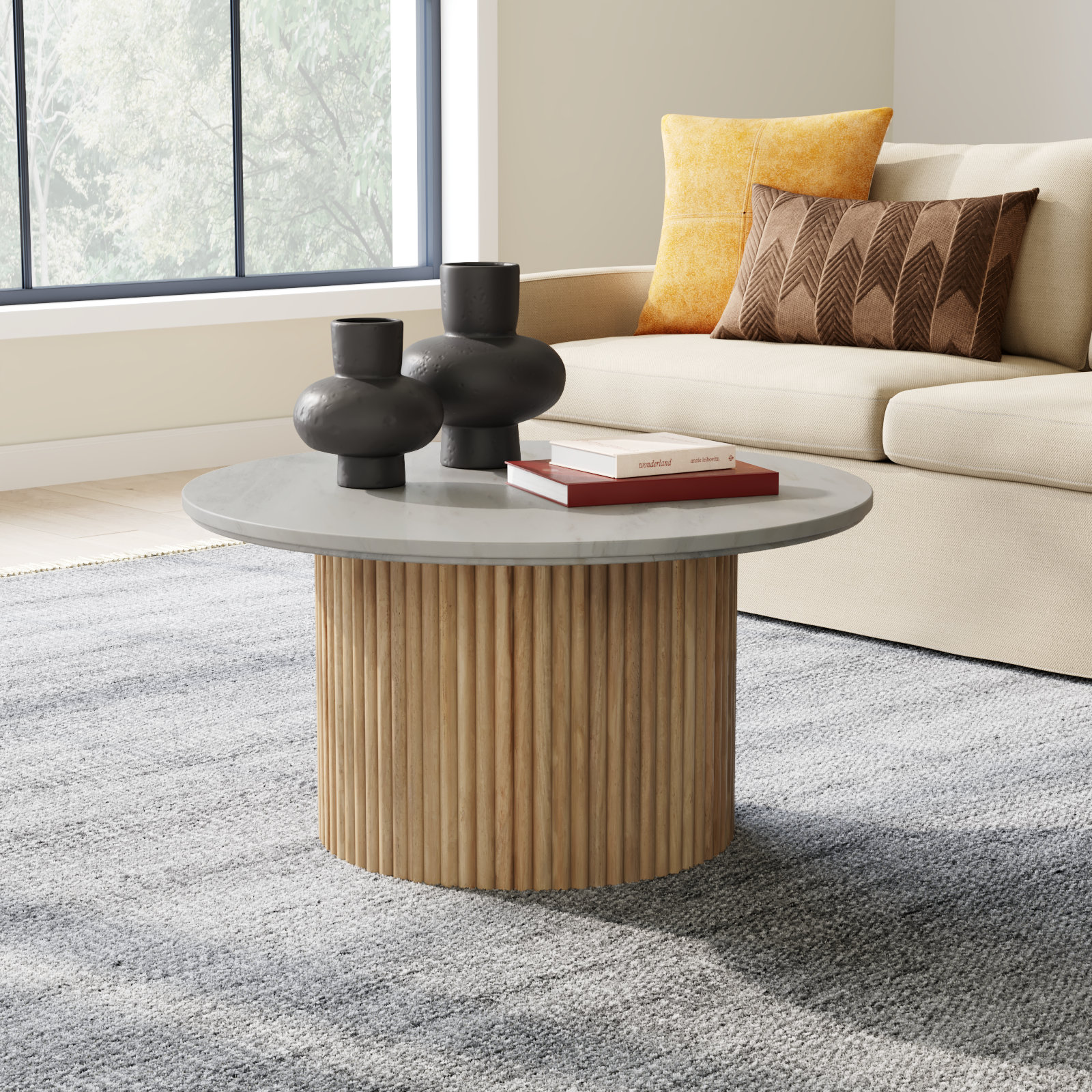Neale Marble Top Coffee Table, White Top/Natural Base