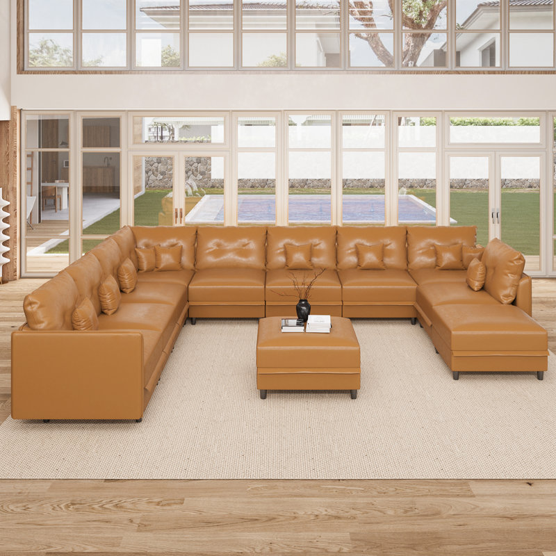 Mizuho Upholstered L-Shaped Sectional, Brown Faux Leather