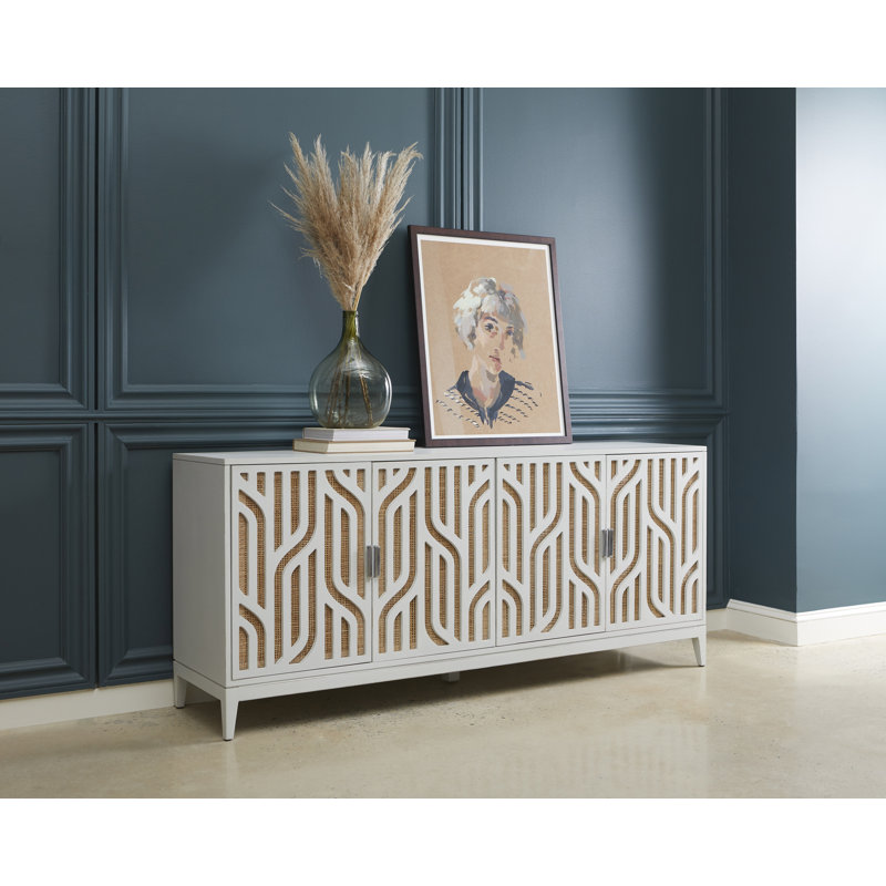 White Painted Solid Wood 4-Door Credenza with Cane Panels