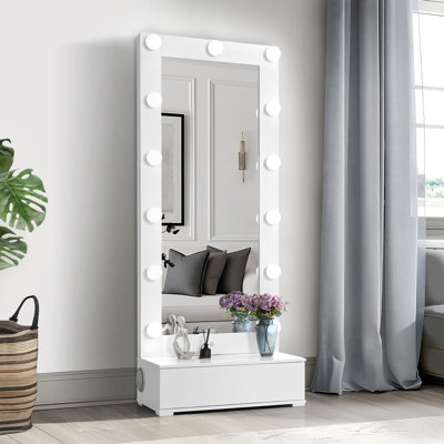 Grand miroir étroit Elisa avec haut-parleur et tiroir blanc