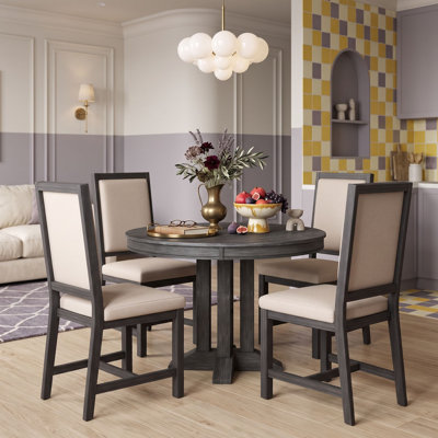 Five Piece Extendable Round Dining Table Set with Four Upholstered Chairs