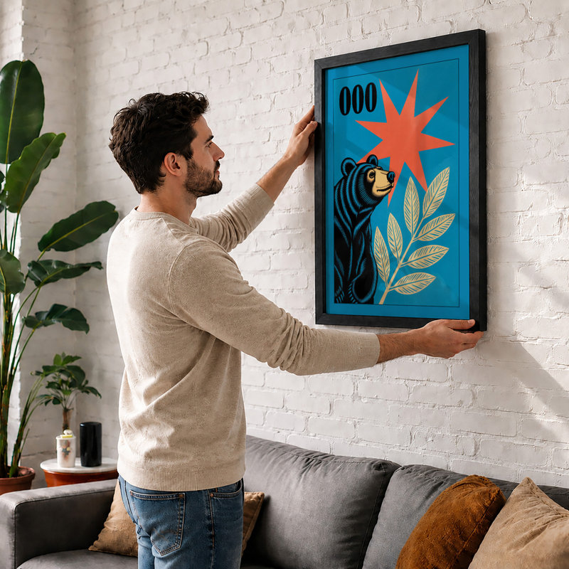 Playful Bear and Stars Modern - Framed Print, Black, A4 - 29.7 x 21.0 cm