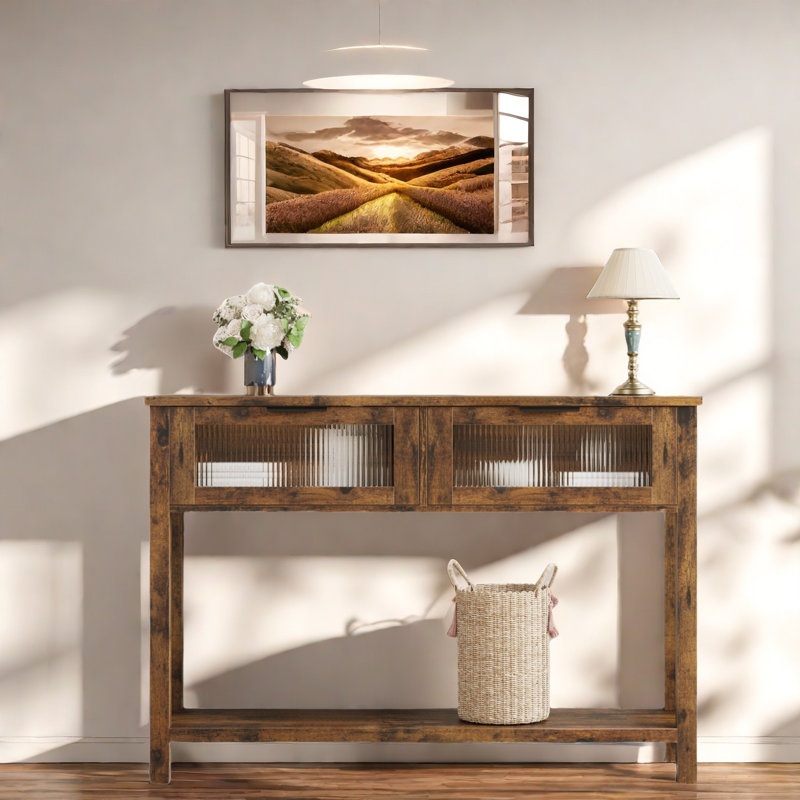 Console en bois avec 2 tiroirs en verre et une tablette de rangement ouverte, table d'entrée pour le salon, Brun