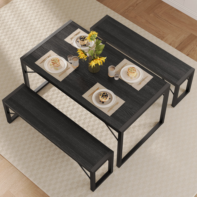45.5" Dining Table Set For 4, Kitchen Table Set With 2 Benches, Dining Room Table Set With Metal Frame & MDF Board, Space-Saving Dinette