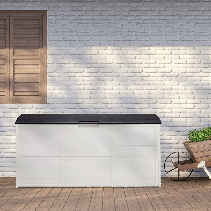 Boîte de rangement de jardin 75gal 280L noir et blanc - siège verrouillable, à roulettes, résine de polypropylène