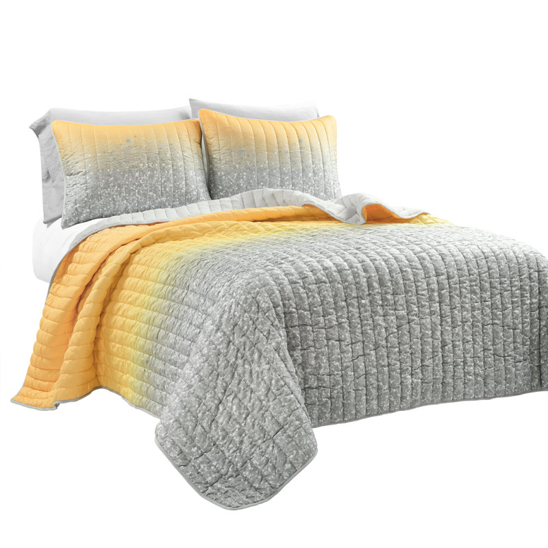 Ensemble de courtepointe en microfibre, Jaune / gris, Courtepointe simple + 1 taie décorative
