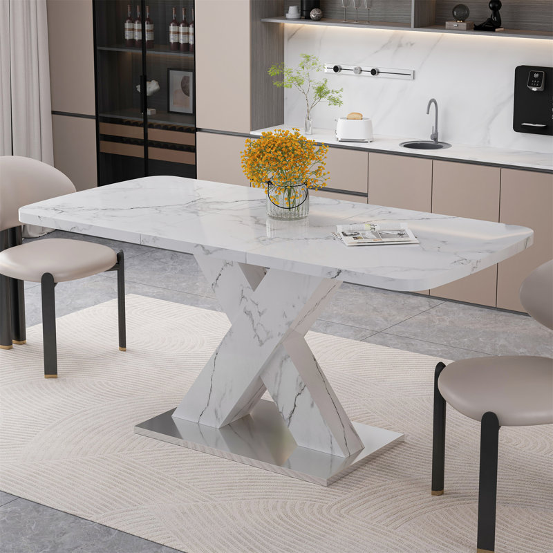 Table de salle à manger rectangulaire moderne (table seulement), Blanc, Blanc / argenté
