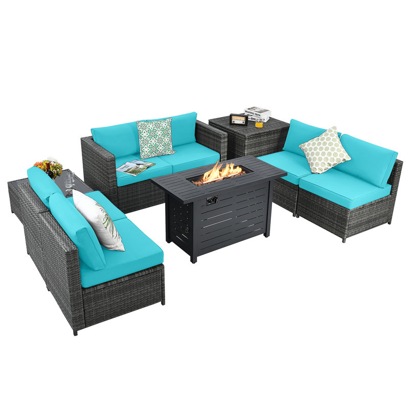 Wicker/Rattan 6 - Person Seating Group with Cushions & 60,000 BTU Fire Pit, Turquoise