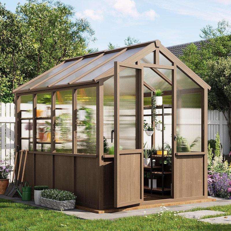6x8 FT Large Wooden Greenhouse, Heavy Duty Spruce Frame with PC Panels, Adjustable Roof Vents & Lockable Door for Garden