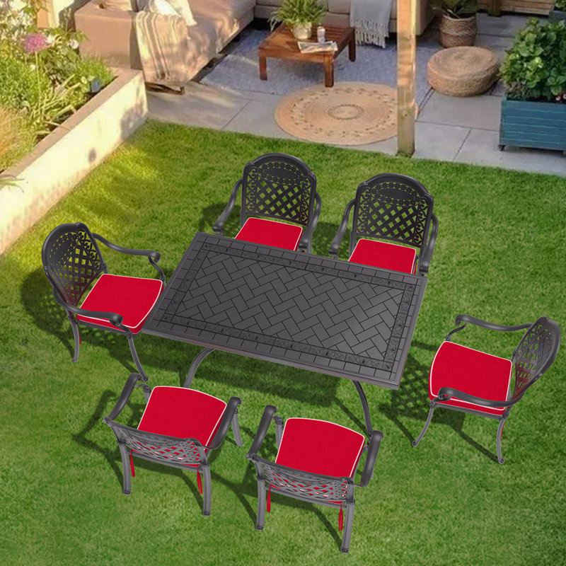Ensemble de 7 pièces de mobilier de patio en aluminium coulé, avec cadre noir et coussins de siège rouges