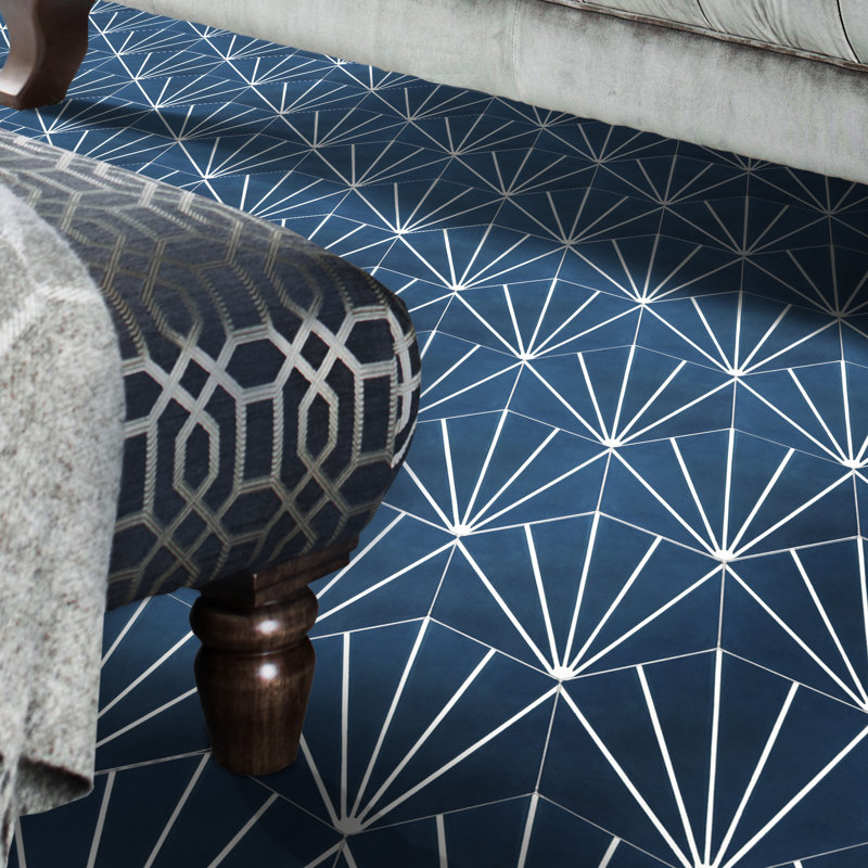 Menara 8" x 9" Cement Patterned Wall & Floor Tile, Navy Blue/White
