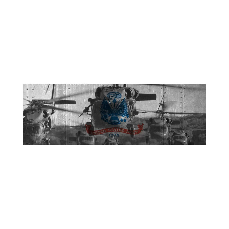 U.S. Army Riveted Metal Flag (Sikorsky Black Hawk Formation Background) - Wrapped Canvas Panoramic Print