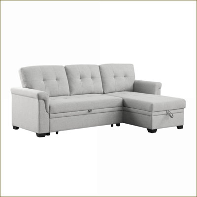 Sectional Sofas Hunter 84'' Light Gray Linen Reversible Sleeper Storage Chaise | Light Gray | Sleeper