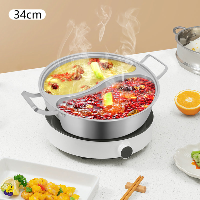 5L/1.32Gal Double-Flavor Hot Pot Stainless Steel Hot Pot With Divider And Lid, 3.9" H x 13.4" W x 12.8" D