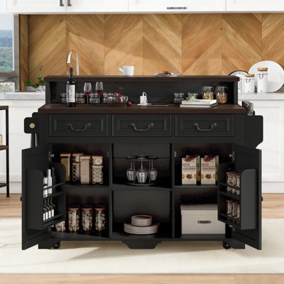 Farmhouse 53.2" Kitchen Island With Power Outlet, Rolling Island Table, Bar Cabinet With Storage 4 Door Shelves And 3 Drawers