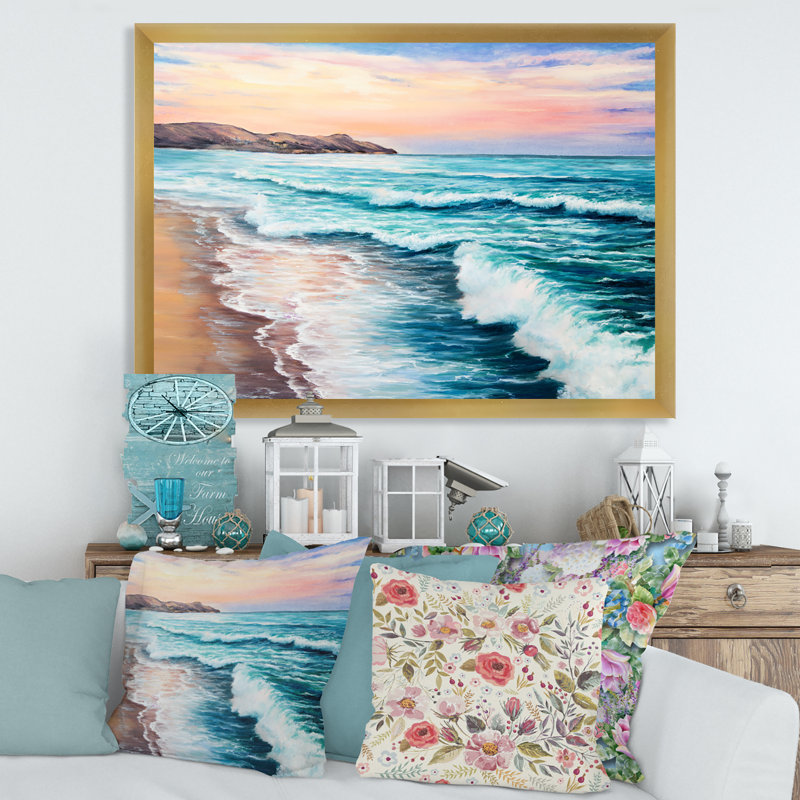 «Morning Light on the Ocean Waves III», peinture sur toile à cadre flottant, Toile encadrée d'or, H 30 po x l 40 po x 1,5 po