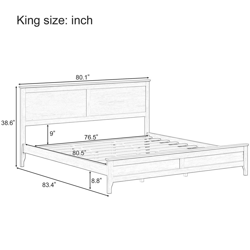 Élégant très grand lit en bois de pin avec tête de lit élégante à lattes, support central solide et finition classique blanche, avec surface facile à nettoyer, capacité de charge élevée simple