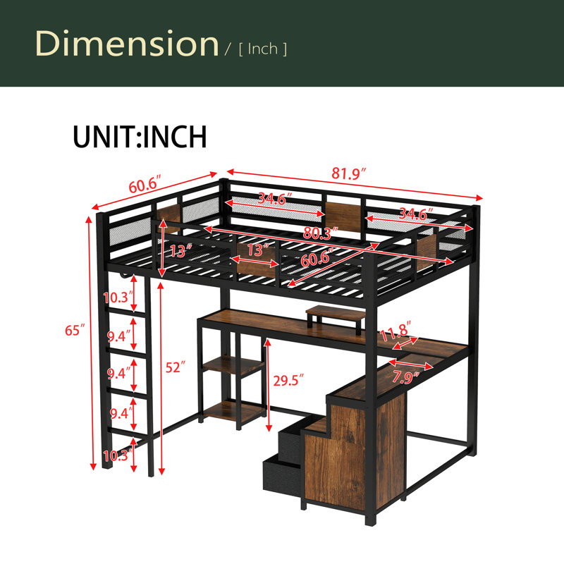 Grand lit mezzanine avec bureau et tiroirs de rangement en tissu non tissé, cadre de lit mezzanine en métal avec échelles, sans nosie et sans sommier