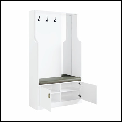 Buck II White High Gloss Finish Hall Tree with Multiple Hooks and Storage, Perfect for Organized Entryways and Modern Homes.