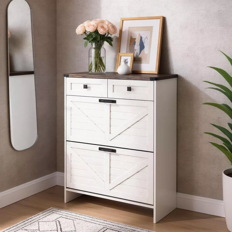 Farmhouse Shoe Cabinet With Two Flip Drawers And Two Regular Drawers Slim Freestanding Narrow Rack For Front Entryway, White