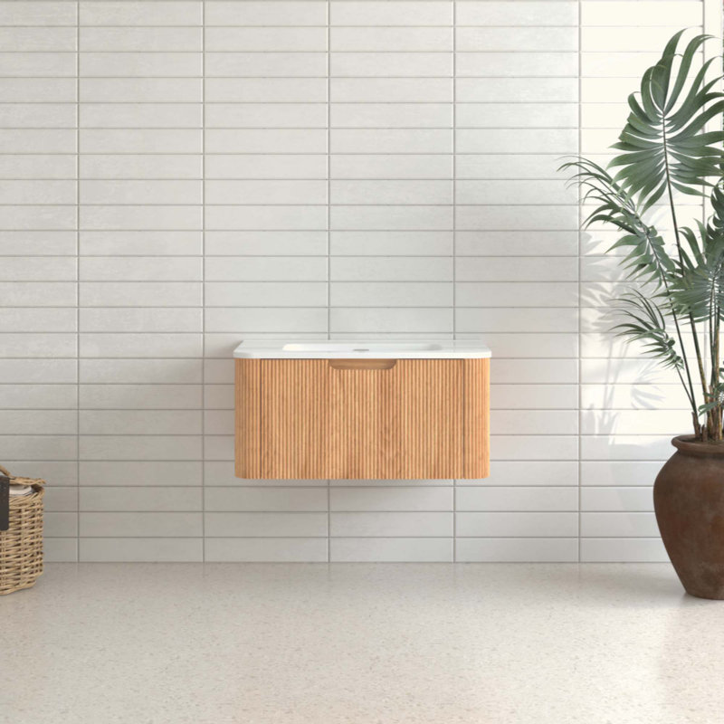Meuble-lavabo mural flottant en bois massif, meuble de rangement à bord arrondi pré-assemblé avec cuve en céramique intégrée