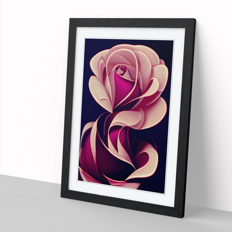 Kinmundy Rose Flower Art Deco - Picture Frame Print, 64cm H x 46cm W x 2cm D, Black