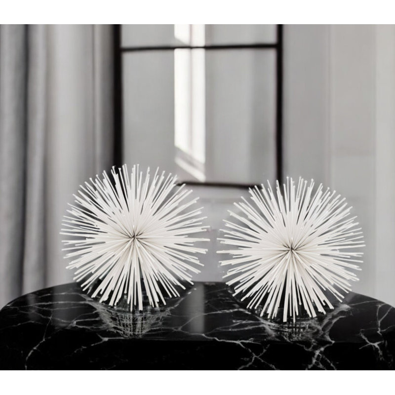 Set of Two Iron Decorative Spiky Sphere Tabletop Sculptures, White