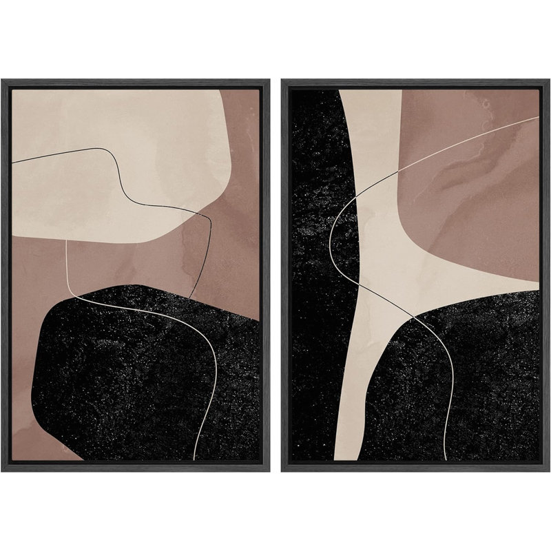 Reproduction de style Mid-Century de style Mid-Century brun, brun et brun clair, variété de formes abstraites, chic moderne sur toile, 2 pièces