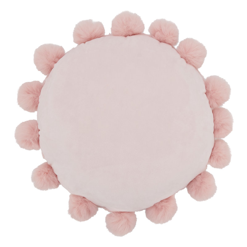 Pink Round Faux Fur Pom Pom Throw Pillow