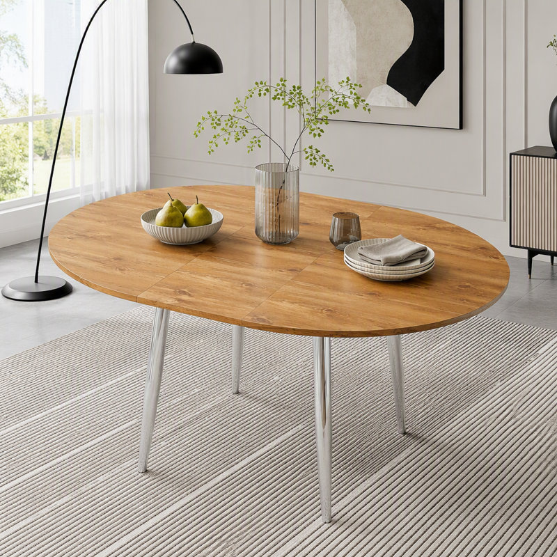 Table de salle à manger ronde extensible avec pieds en métal, Bois