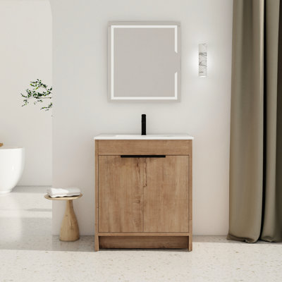 Meuble-lavabo autoportant 30 po. Lavabo en céramique blanche. 2 portes avec charnières. Fabrication en contreplaqué. Largeur de l'armoire autoportante à décor moderne. Portes à fermeture en douceur. Matériau.
