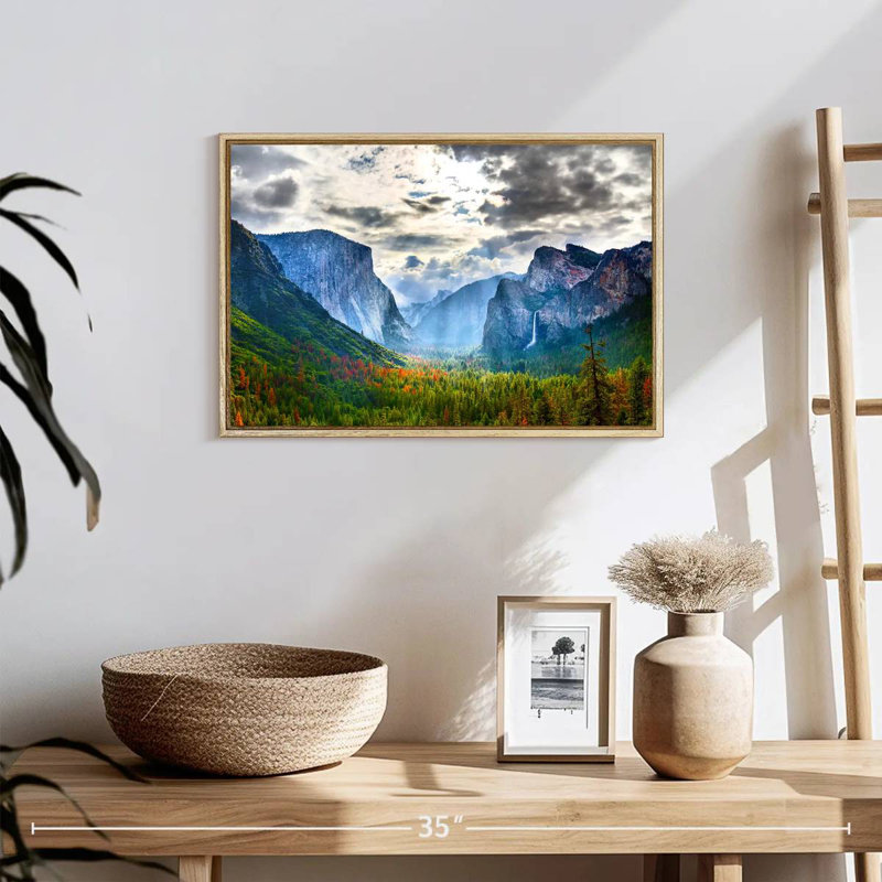 Yosemite Mountain Scene, 19" X 13", Floating Frame Natural Wood