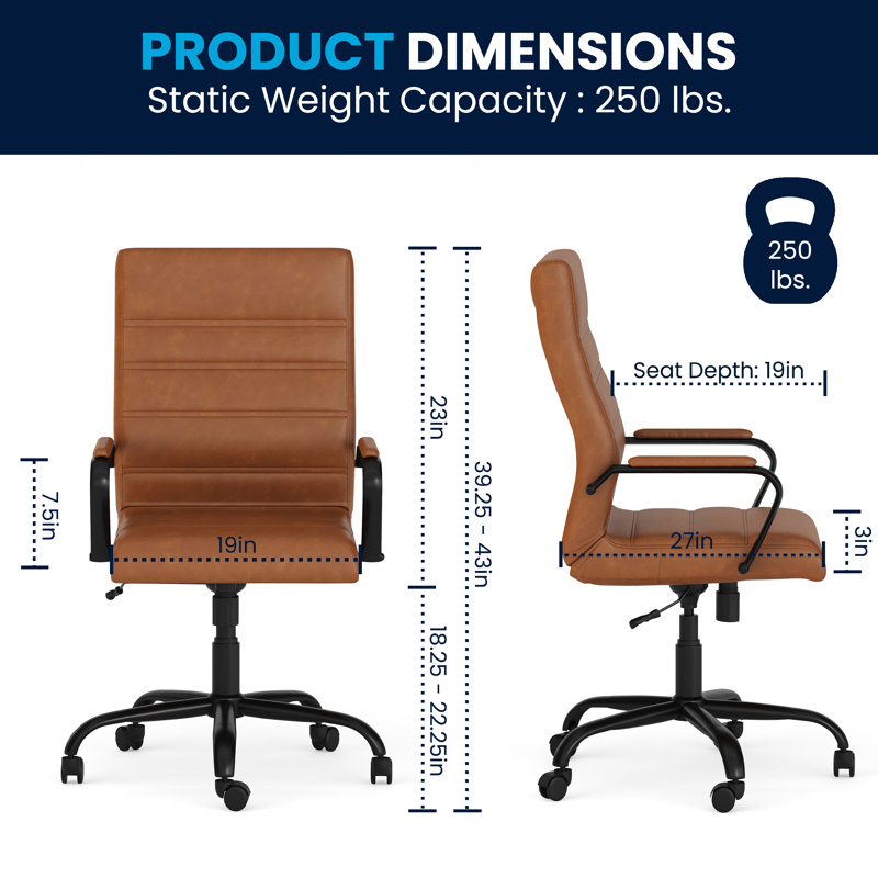 Chaise de bureau ergonomique pivotante à haut dossier - Basics by Wayfair ™, Noir, Similicuir brun