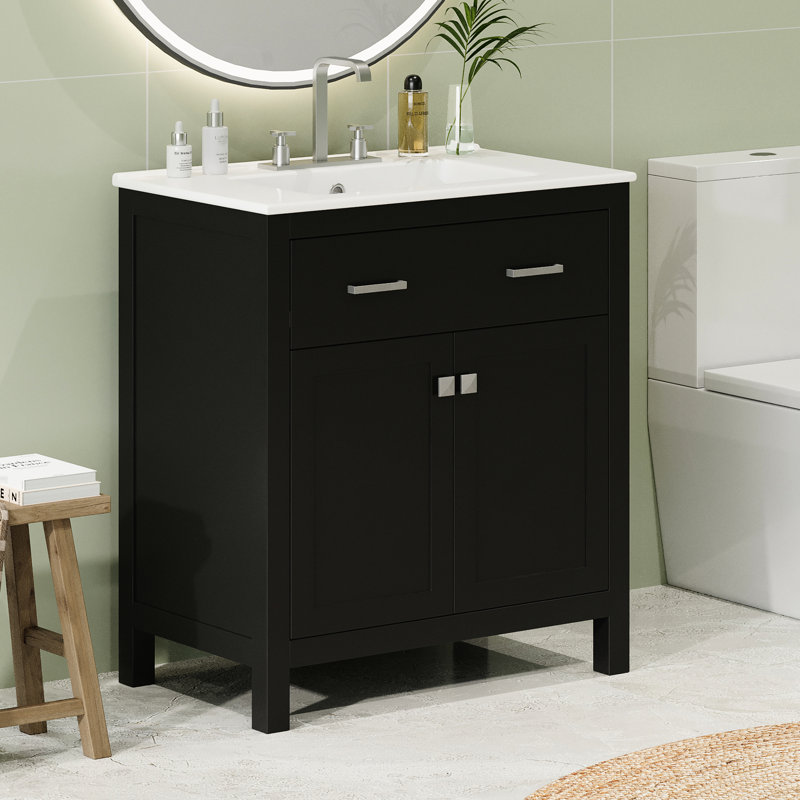 Meuble-lavabo de 30 po avec lavabo en céramique, armoire moderne noire, 2 portes et tablette en U pour lavabo pratique, armoire à 2 portes, fermeture silencieuse