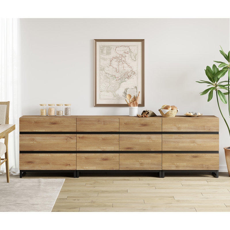Buffet 3 en 1 avec 12 tiroirs, crédence moderne avec base en métal, armoire à café, Chêne