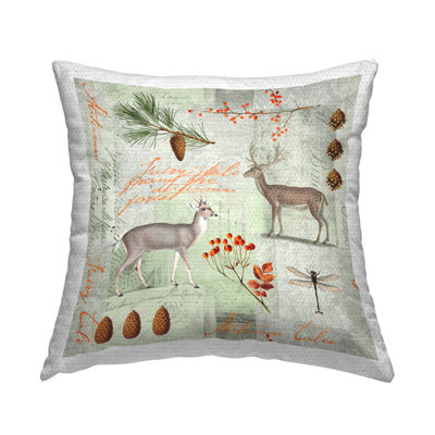 Woodland Botanical Animal Collage Outdoor Printed Pillow by Andrea Haase