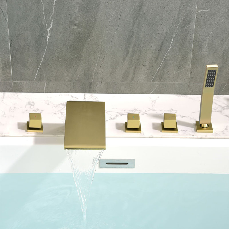5 Hole Deck Mounted Tub Faucet With Handheld Shower Waterfall Bathtub Faucet Brass Triple Handle Tub Fillers With Valve