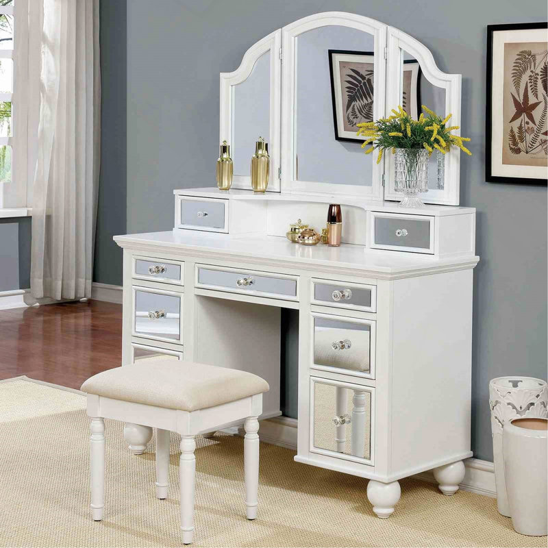 White Finish 1Pc Vanity Set W/ Stool 3-Sidded Mirror Storage Drawers Transitional Bedroom Furniture, White/Silver