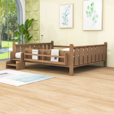Queen Size Platform Bed with Built-In Storage Bookcases, Guardrails and Stairs
