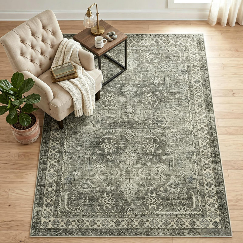 Vintage Boho Washable Area Rug for Home and Office, Rectangle 5' x 7', Green