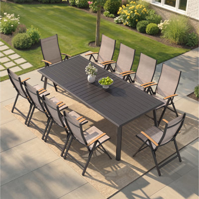 Ensemble repas pour 10 personnes en aluminium avec fauteuils inclinables pliés